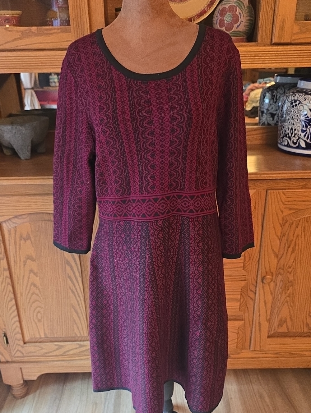 Nina Leonard Maroon and Black Patterned Midi Dress